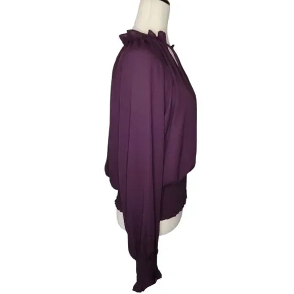 Worthington Deep Purple Split Ruffle Neck Elastic Smocking Raglan Blouse Size S - Picture 4 of 7